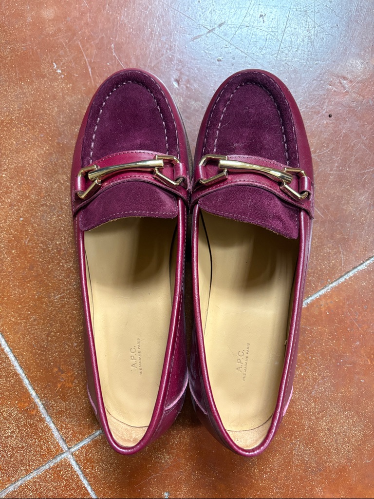 A.P.C. Burgundy Suede & Leather Loafers With Gold Bit